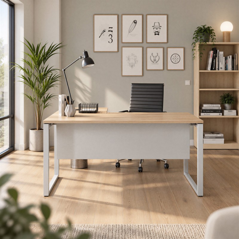 Bureau avec bureau de direction Regina Angle en chêne et argent