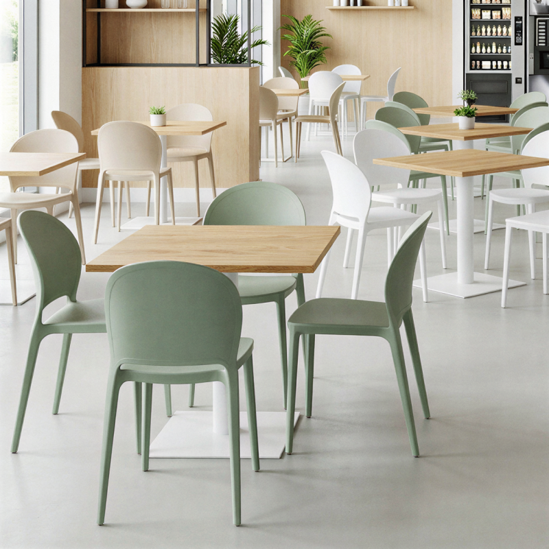 Vera-stoelen in een kantine met automaten
