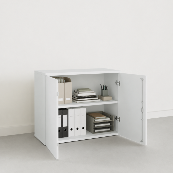 Armoire de bureau sans poignée Chronos Push Fermé blanche ouverte 81 cm