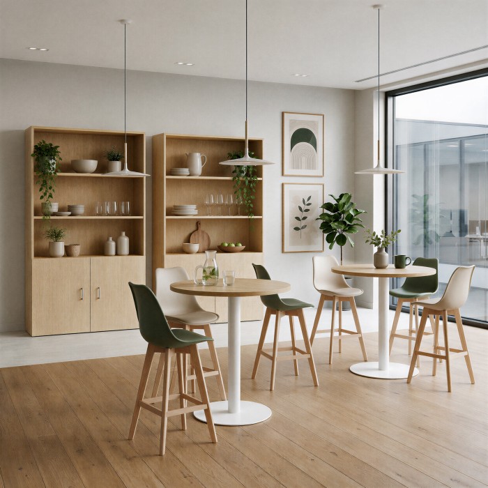 Tabourets hauts scandinaves Ada verts et sable dans un espace de pause