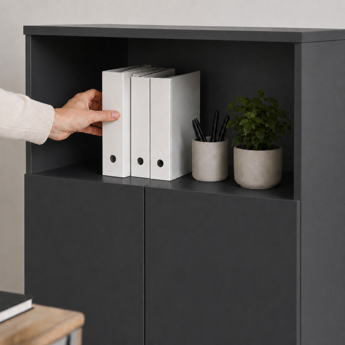 Bibliothèque de bureau avec portes Chronos Push Mixte graphite détail