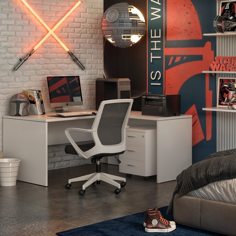 Bureau d'angle avec ergonomische bureaustoel et caisson